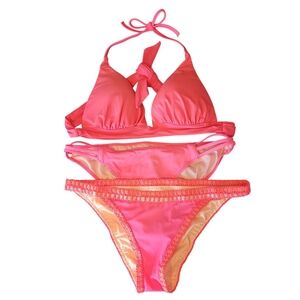 Victoria's Secret 3pc Bikini Swim Set Halter Top & Bottoms Hot Pink Wmn M Beach